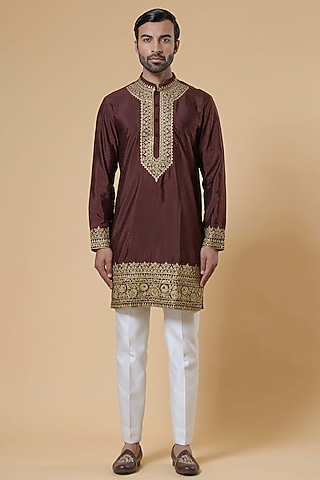 Brown Chikankari Silk Kurta Set by Aditya Sachdeva Men