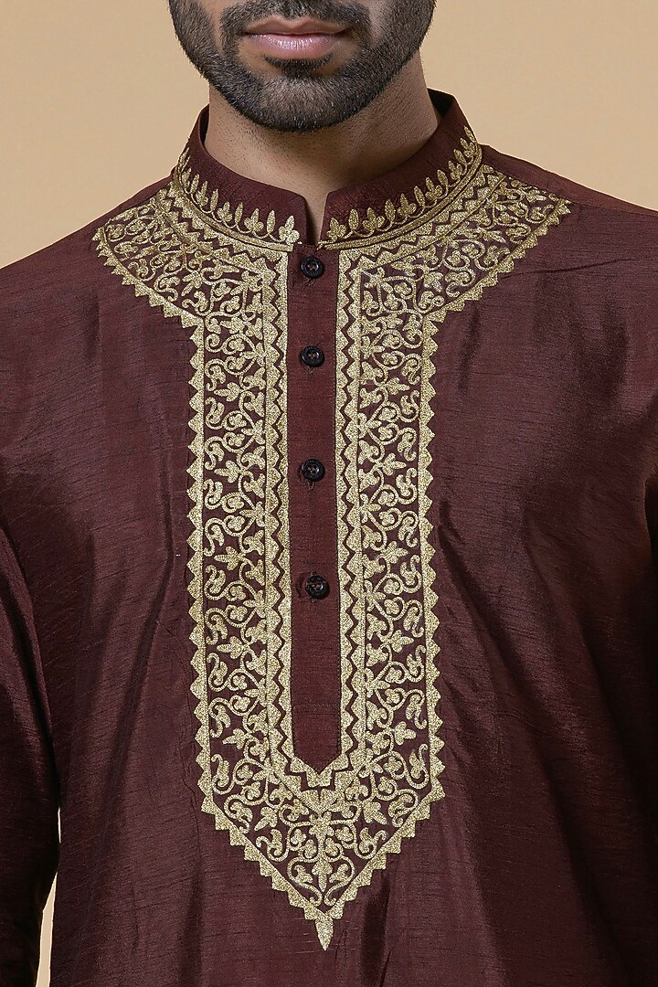Brown Chikankari Silk Kurta Set by Aditya Sachdeva Men at Pernia's Pop Up Shop