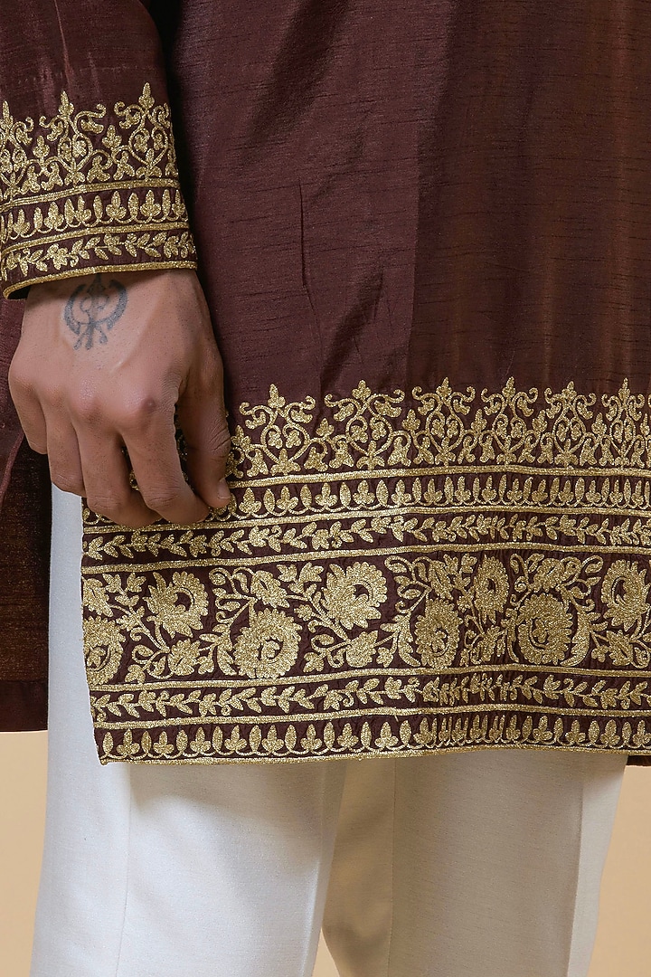 Brown Chikankari Silk Kurta Set by Aditya Sachdeva Men at Pernia's Pop Up Shop