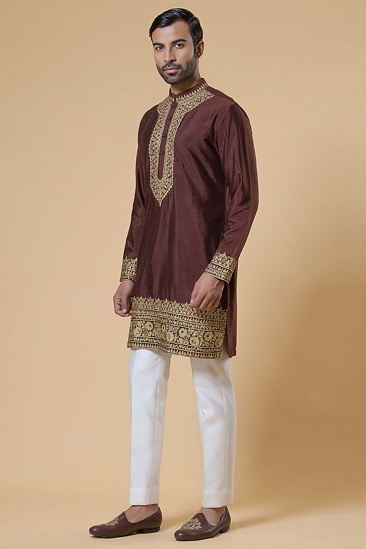 Brown Chikankari Silk Kurta Set by Aditya Sachdeva Men at Pernia's Pop Up Shop