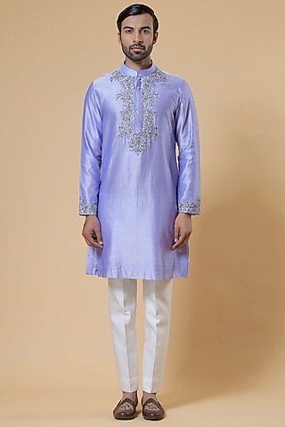 Purple Chanderi Hand Embroidered Kurta Set by Aditya Sachdeva Men