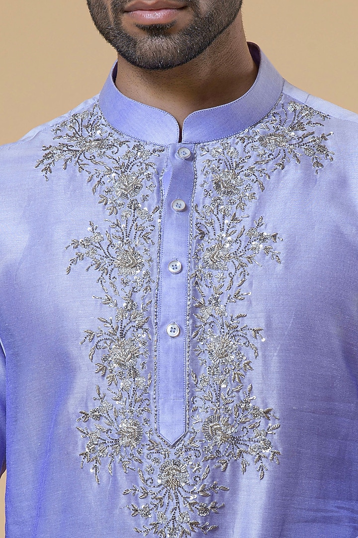 Purple Chanderi Hand Embroidered Kurta Set by Aditya Sachdeva Men at Pernia's Pop Up Shop