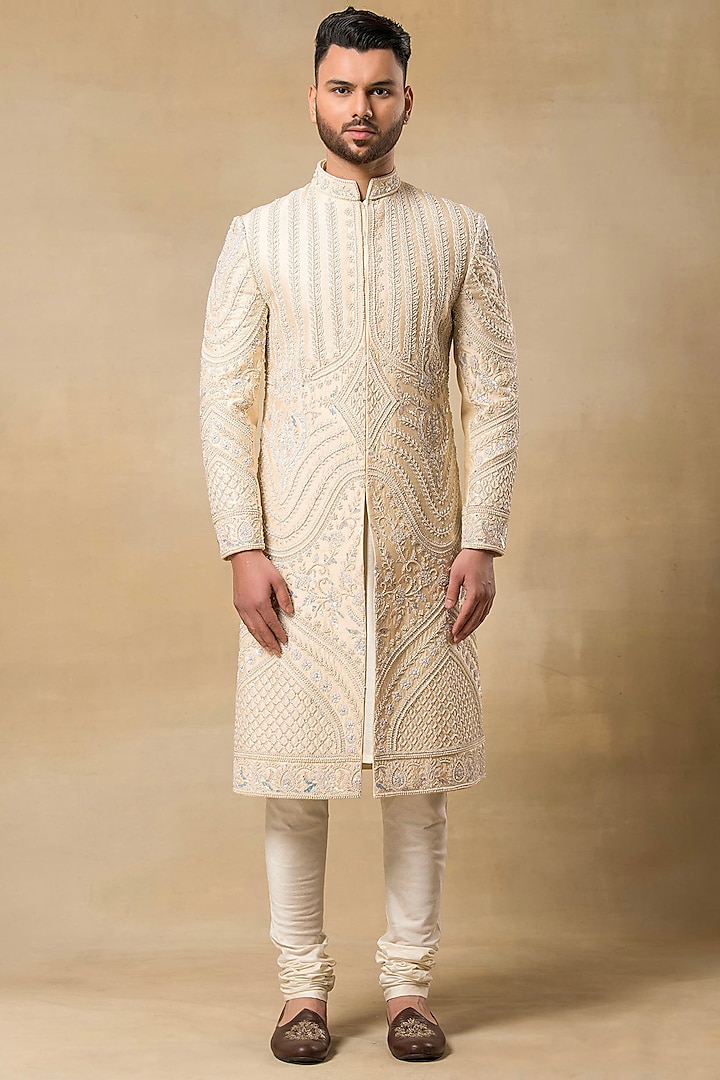 Cream Poly Dupion Moti Hand Embroidered Sherwani Set by Aditya Sachdeva Men