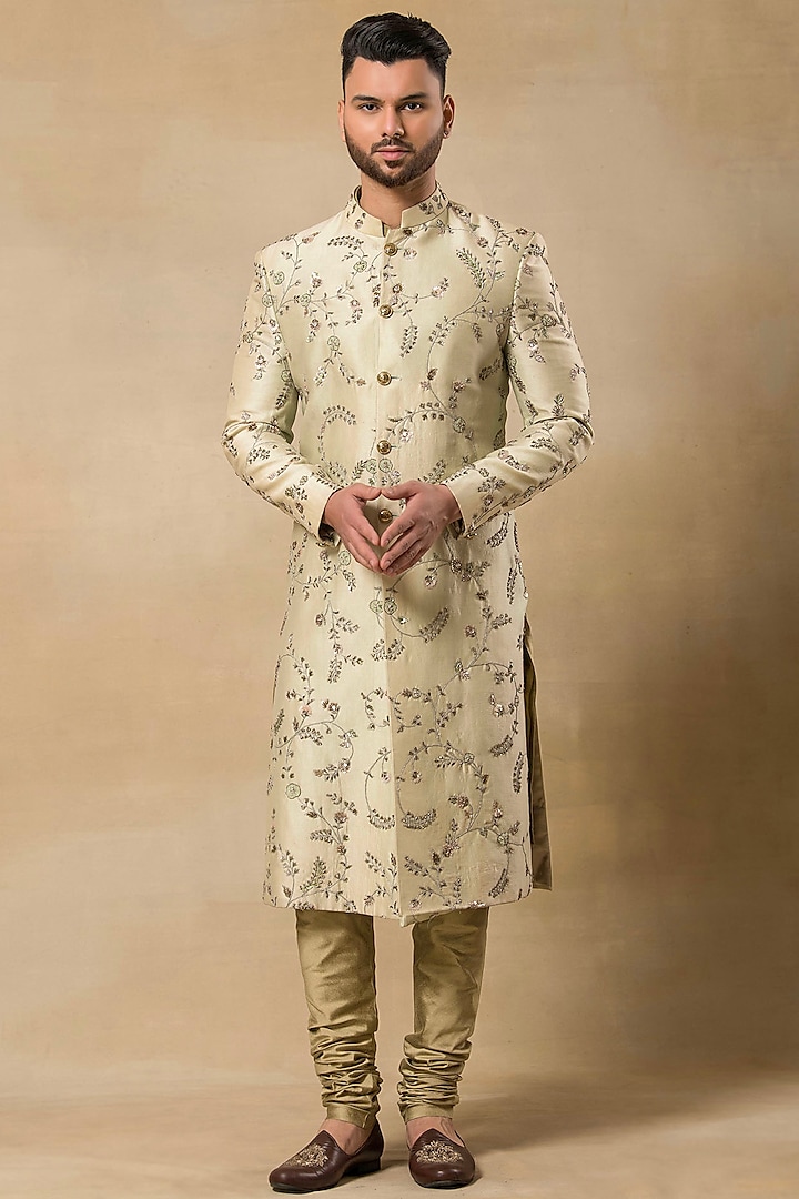 Light Pista Poly Dupion Hand Embroidered Groom Sherwani Set by Aditya Sachdeva Men at Pernia's Pop Up Shop