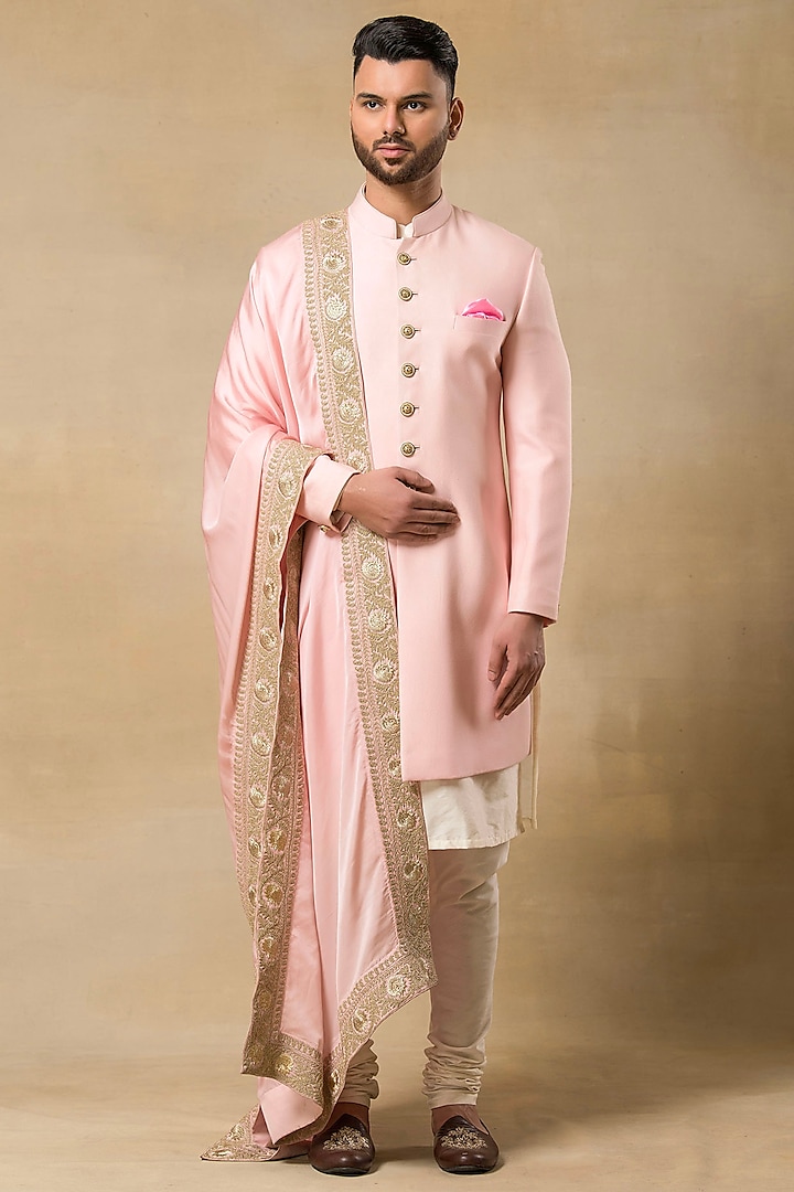 Pink Brocade Sherwani Set by Aditya Sachdeva Men