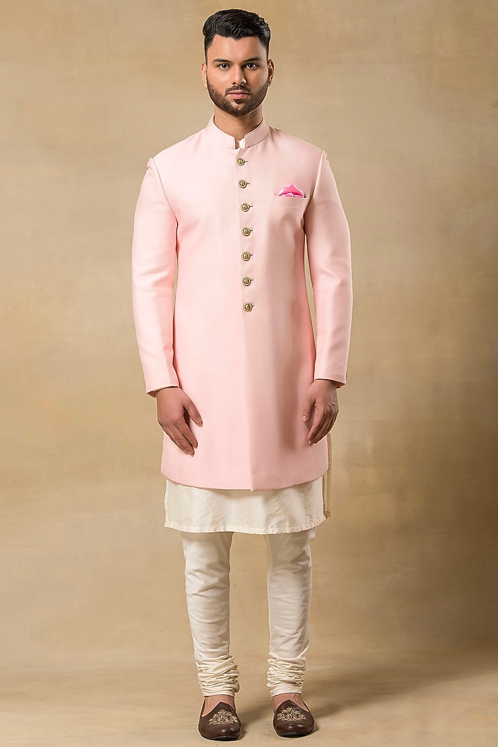 Pink Brocade Wedding Sherwani Set by Aditya Sachdeva Men at Pernia's Pop Up Shop