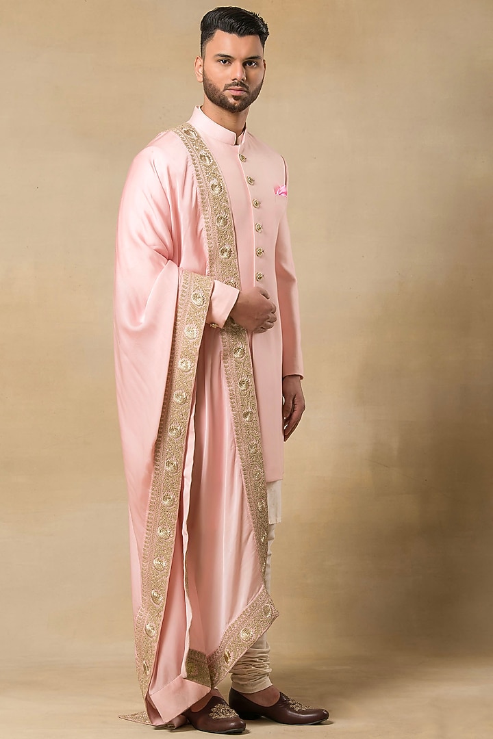 Pink Brocade Wedding Sherwani Set by Aditya Sachdeva Men at Pernia's Pop Up Shop