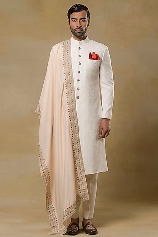 Ivory Jacquard Sherwani Set by Aditya Sachdeva Men