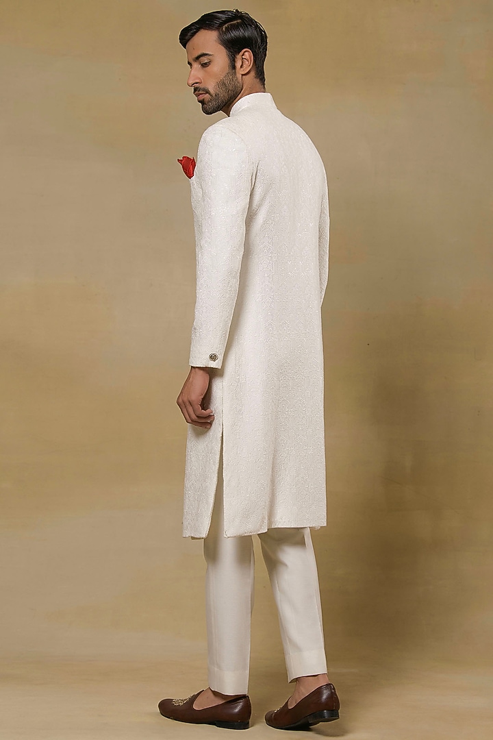 Ivory Jacquard Wedding Sherwani Set by Aditya Sachdeva Men at Pernia's Pop Up Shop
