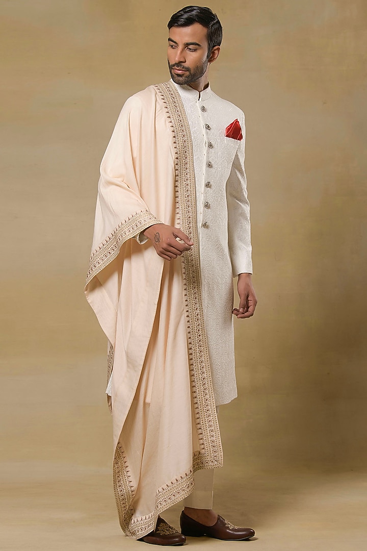 Ivory Jacquard Wedding Sherwani Set by Aditya Sachdeva Men at Pernia's Pop Up Shop