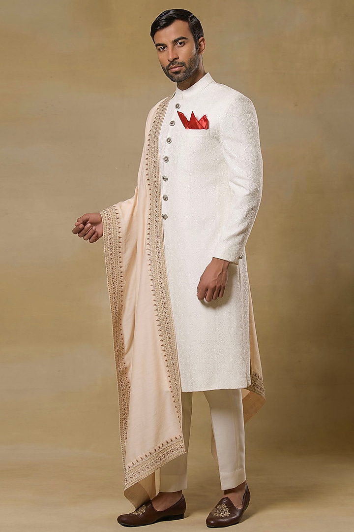 Ivory Jacquard Wedding Sherwani Set by Aditya Sachdeva Men at Pernia's Pop Up Shop