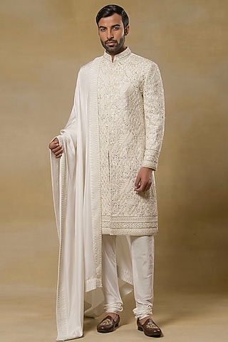 Ivory Dupion Hand Embroidered Sherwani Set by Aditya Sachdeva Men
