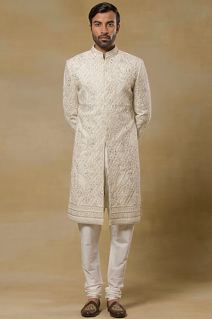 Ivory Dupion Hand Embroidered Groom Sherwani Set by Aditya Sachdeva Men at Pernia's Pop Up Shop