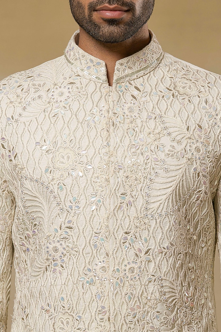 Ivory Dupion Hand Embroidered Groom Sherwani Set by Aditya Sachdeva Men at Pernia's Pop Up Shop