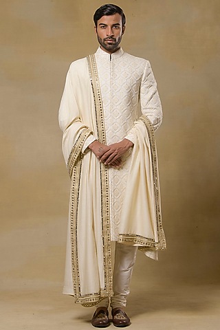 Light Gold Chikankari Sherwani Set by Aditya Sachdeva Men