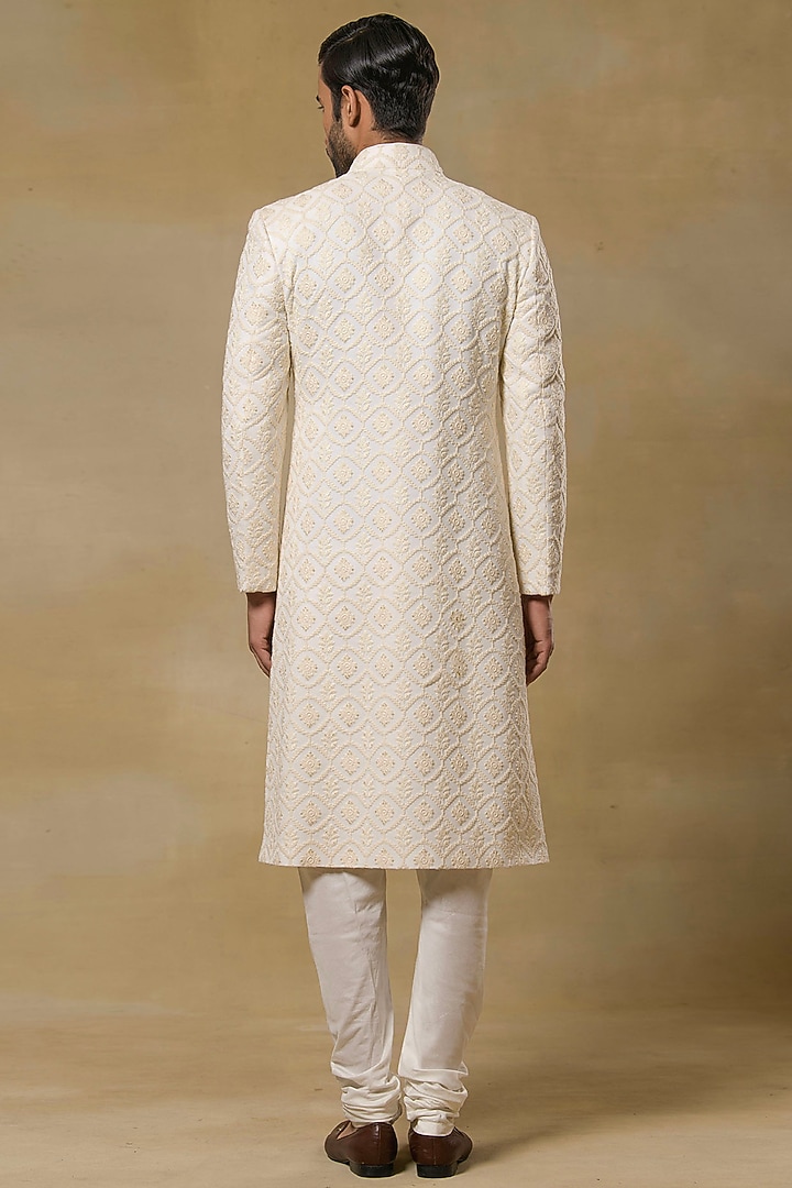 Light Gold Chikankari Wedding Sherwani Set by Aditya Sachdeva Men at Pernia's Pop Up Shop