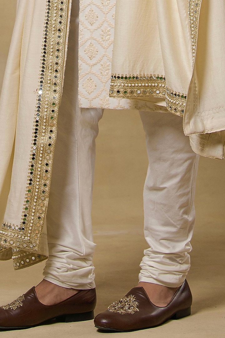 Light Gold Chikankari Wedding Sherwani Set by Aditya Sachdeva Men at Pernia's Pop Up Shop