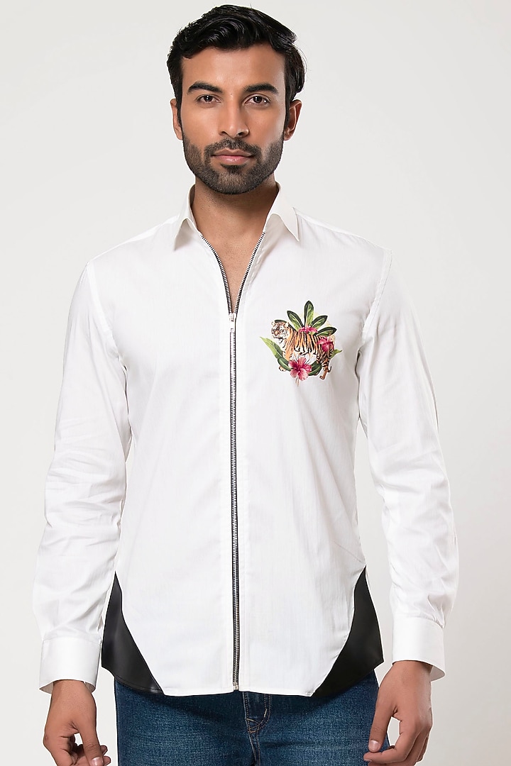 White Cotton Printed Party Wear Shirt by Aditya Sachdeva Men at Pernia's Pop Up Shop