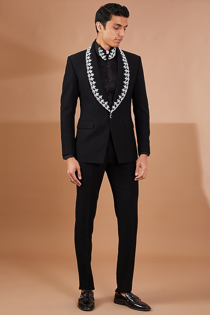 Black Italian Crepe Pearl Embroidered Tuxedo Set by Aditya Sachdeva Men