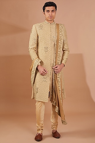 Gold Raw Silk Hand Embroidered Sherwani Set by Aditya Sachdeva Men
