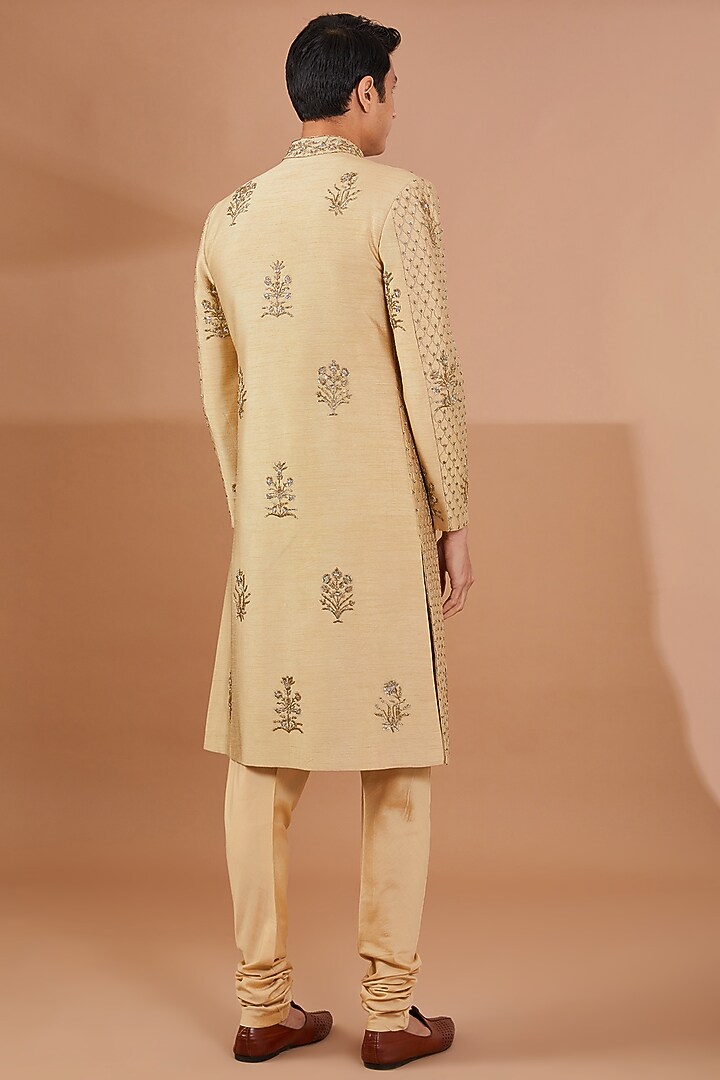 Gold Raw Silk Hand Embroidered Groom Sherwani Set by Aditya Sachdeva Men at Pernia's Pop Up Shop
