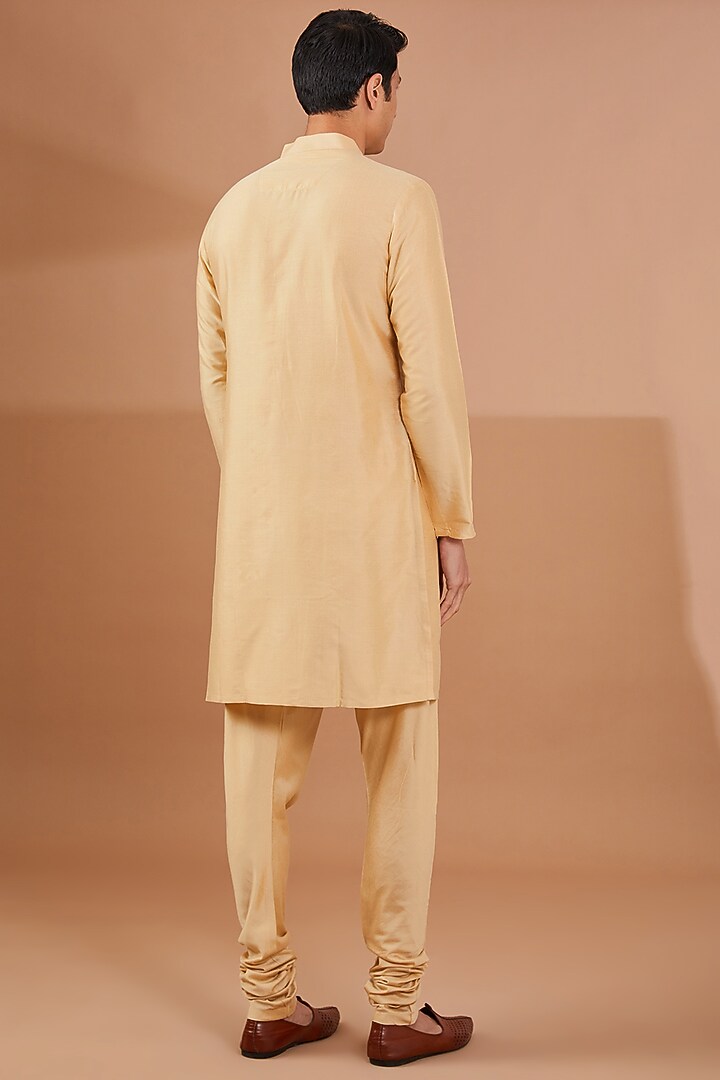 Gold Raw Silk Hand Embroidered Groom Sherwani Set by Aditya Sachdeva Men at Pernia's Pop Up Shop