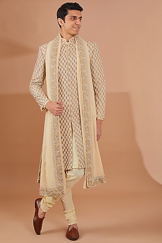 Beige Raw Silk Hand Embroidered Sherwani Set by Aditya Sachdeva Men