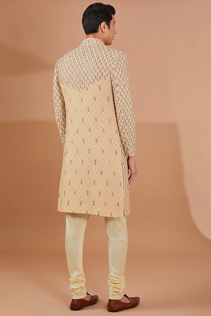 Beige Raw Silk Hand Embroidered Groom Sherwani Set by Aditya Sachdeva Men at Pernia's Pop Up Shop