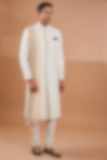 White Silk Sherwani Set by Aditya Sachdeva Men
