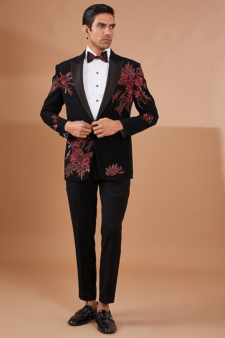 Black Italian Crepe Floral Embroidered Tuxedo Set by Aditya Sachdeva Men