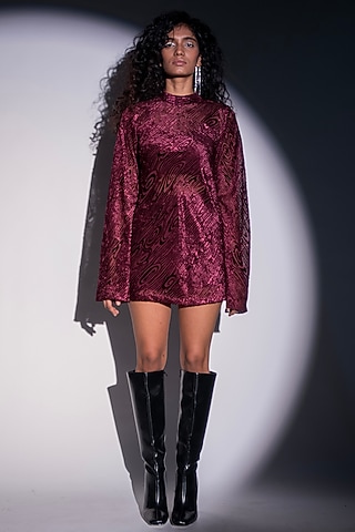 Wine Velvet Mini A-line Dress by Advait