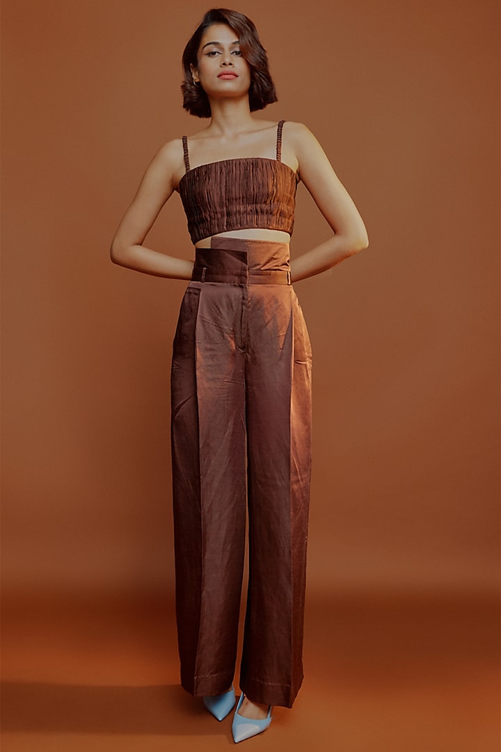 Brown Linen Satin Pleated Tube Top by Advait
