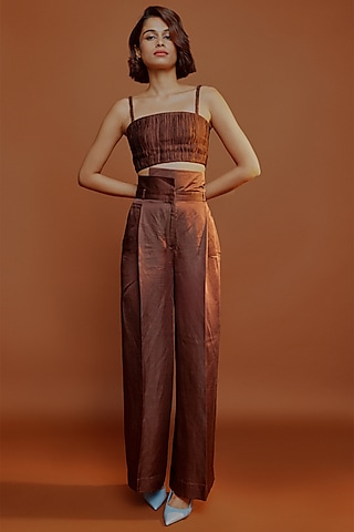 Walnut Brown Georgette Pleated Corset Top Design by Doh Tak Keh at