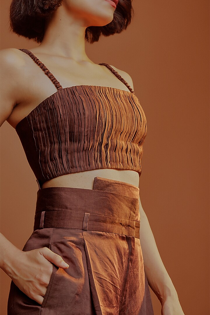 Brown Linen Satin Pleated Tube Top by Advait at Pernia's Pop Up Shop