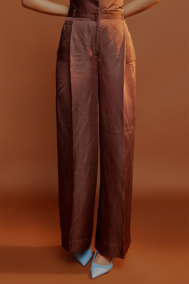 Brown Linen Satin Pants by Advait at Pernia's Pop Up Shop