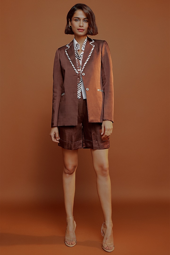 Brown Satin Printed Boxy Blazer by Advait