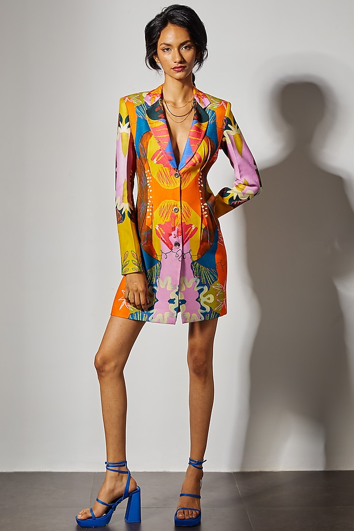 Multi-Colored Tencel Twill Pleated Blazer Dress by Advait