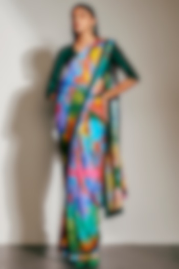 Multi-Colored Printed Saree In Bemberg Satin by Advait