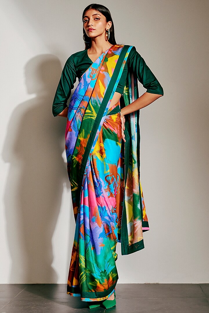 Multi-Colored Printed Saree In Bemberg Satin by Advait