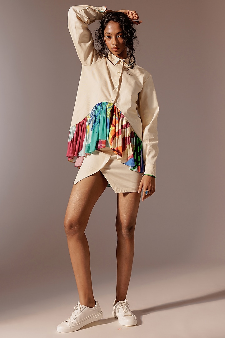 Multi-Colored Cotton Drill & Moonga Chiffon Skirt Set by Advait