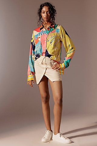 Beige Cotton Drill & Satin Twill Mini Skirt Set by Advait