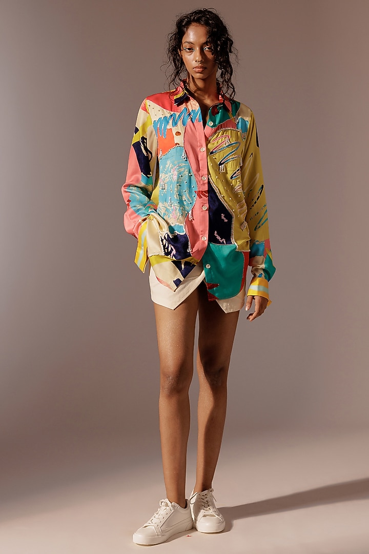Beige Cotton Drill & Satin Twill Mini Skirt Set by Advait at Pernia's Pop Up Shop