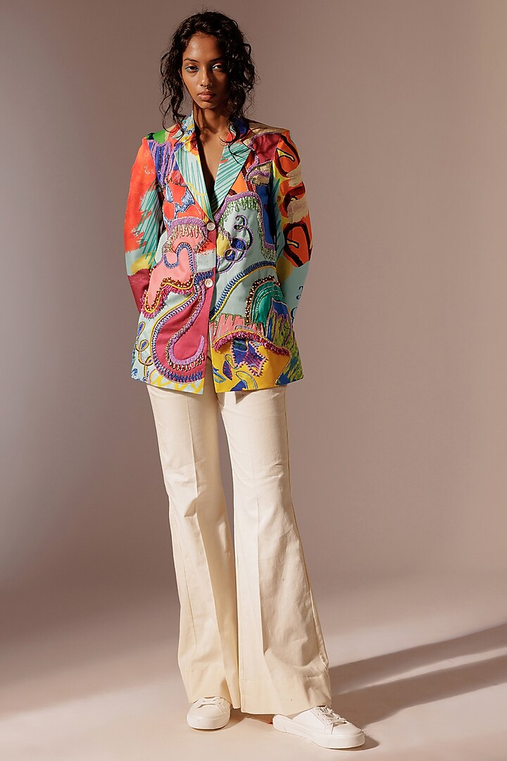 Multi-Colored Satin Twill & Cotton Drill Digital Printed Blazer Set by Advait