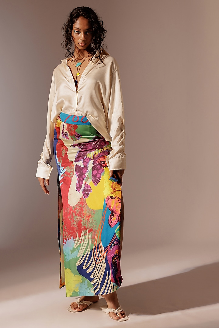 Multi-Colored Satin Twill & Satin Slub Printed Skirt Set by Advait