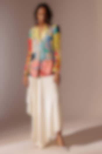 Multi-Colored Satin Twill & Satin Slub Digital Printed Blazer Set by Advait