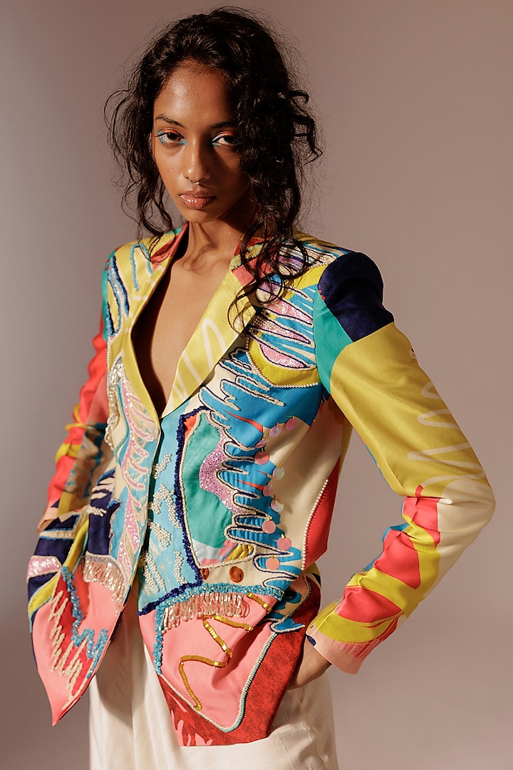 Multi-Colored Satin Twill & Satin Slub Digital Printed Blazer Set by Advait at Pernia's Pop Up Shop