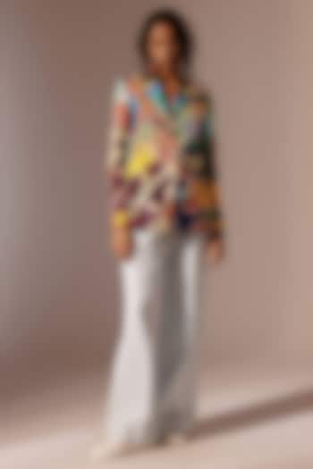 Multi-Colored Satin Twill & Cotton Drill Digital Printed Blazer Set by Advait
