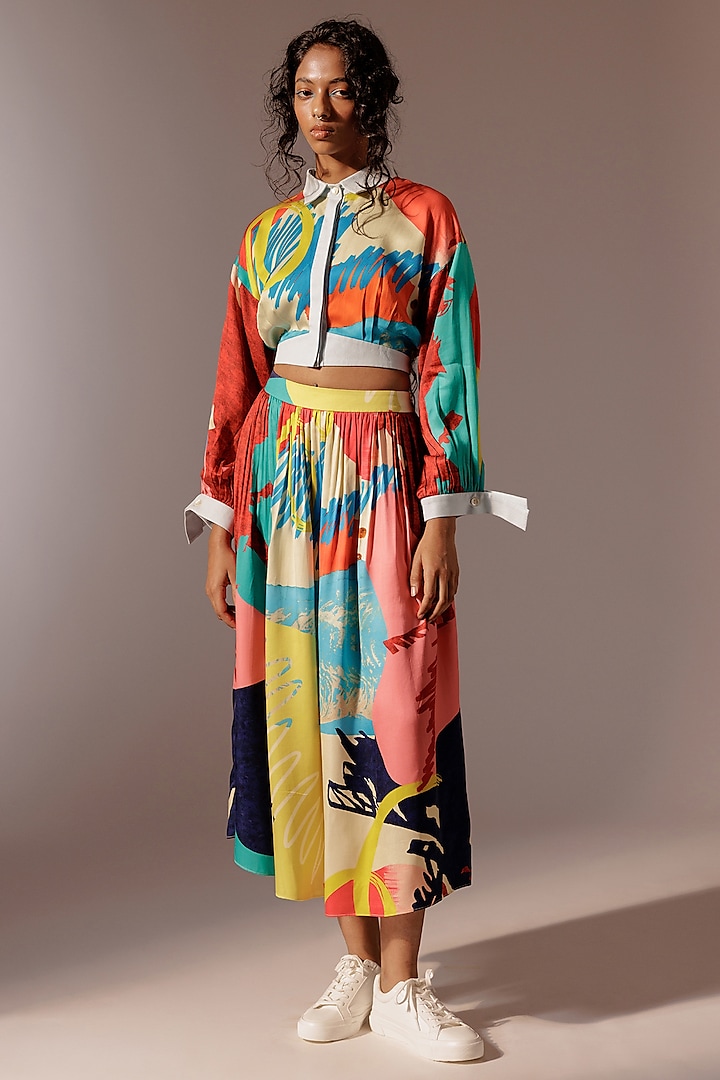 Multi-Colored Satin Twill Digital Printed Skirt Set by Advait