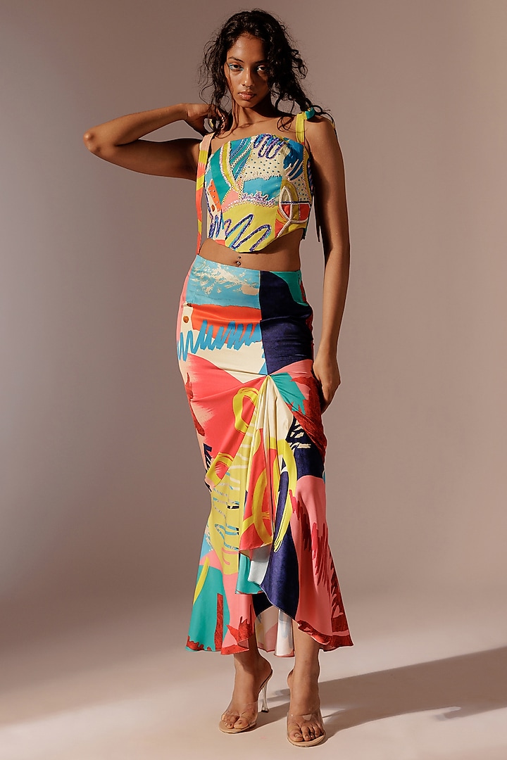 Multi-Colored Satin Twill Skirt Set by Advait