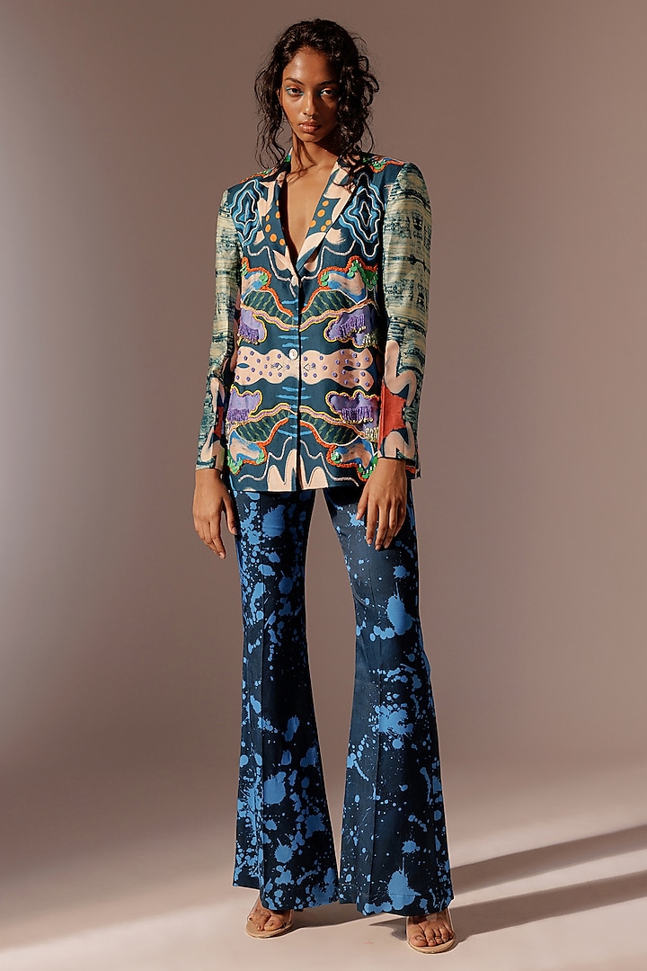 Multi-Colored Satin Twill Digital Printed & Embroidered Blazer Set by Advait